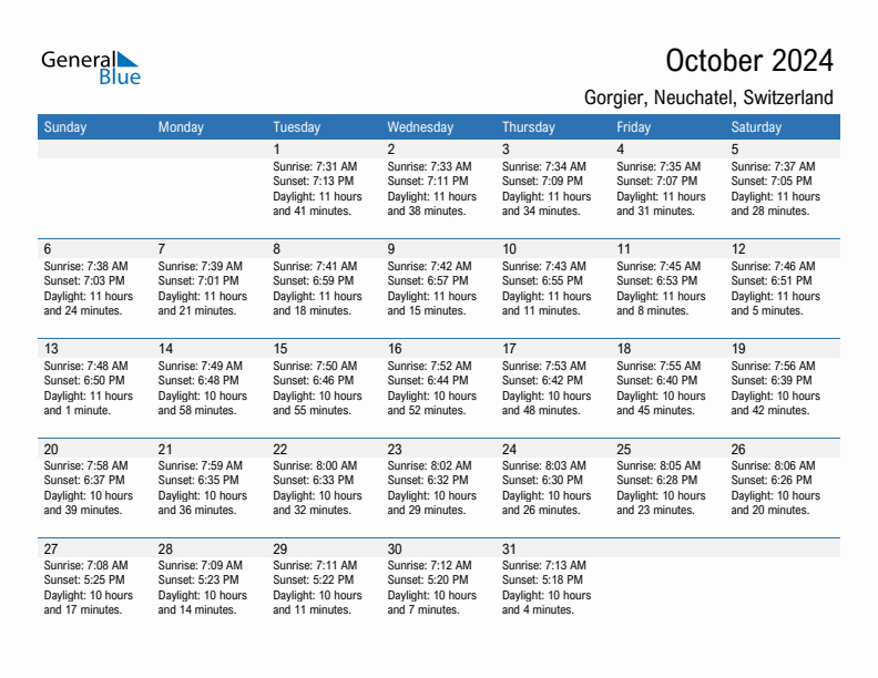 Gorgier October 2024 sunrise and sunset calendar in PDF, Excel, and Word