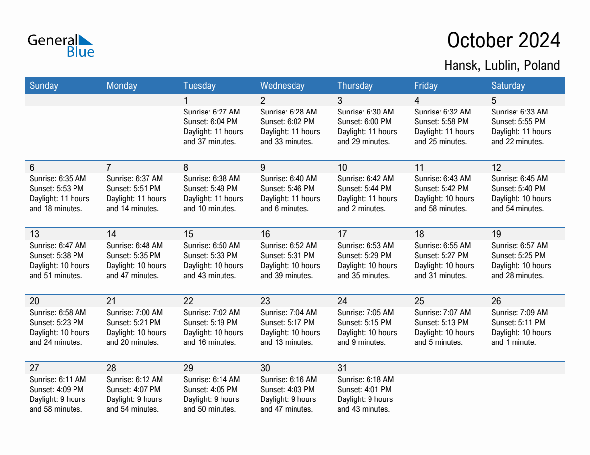 October 2024 sunrise and sunset calendar for Hansk