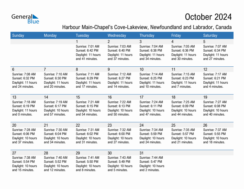 Harbour Main-Chapel's Cove-Lakeview October 2024 sunrise and sunset calendar in PDF, Excel, and Word