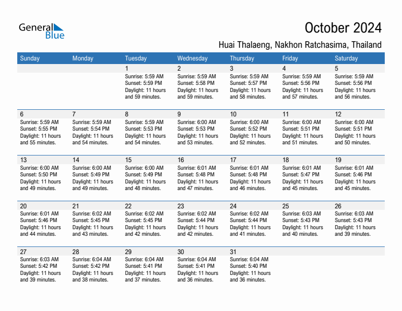 Huai Thalaeng October 2024 sunrise and sunset calendar in PDF, Excel, and Word