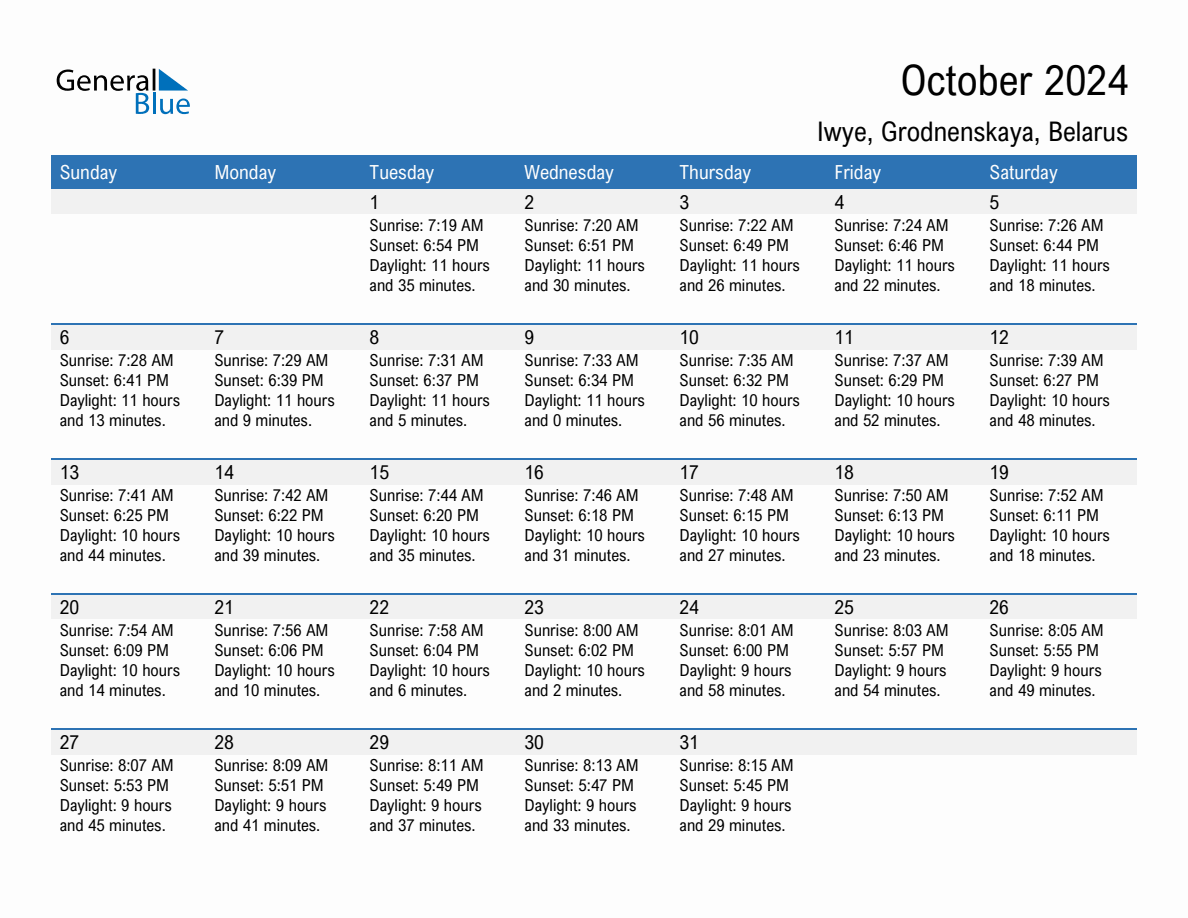 October 2024 sunrise and sunset calendar for Iwye