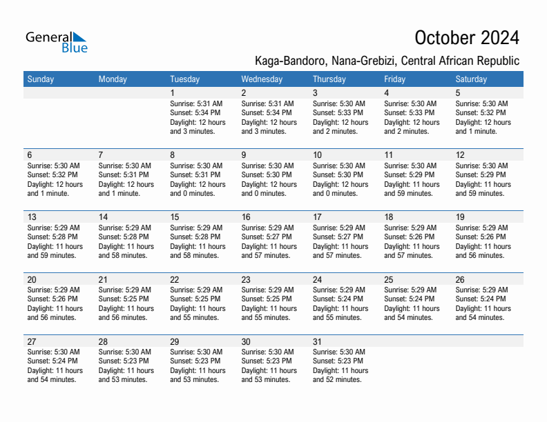 Kaga-Bandoro October 2024 sunrise and sunset calendar in PDF, Excel, and Word