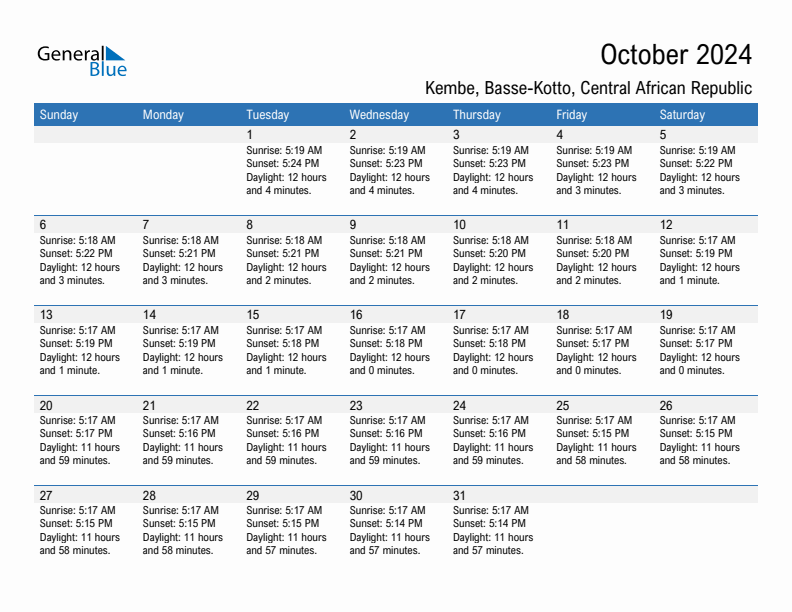 Kembe October 2024 sunrise and sunset calendar in PDF, Excel, and Word