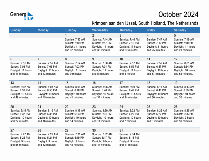 Krimpen aan den IJssel October 2024 sunrise and sunset calendar in PDF, Excel, and Word