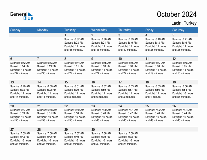 Lacin October 2024 sunrise and sunset calendar in PDF, Excel, and Word