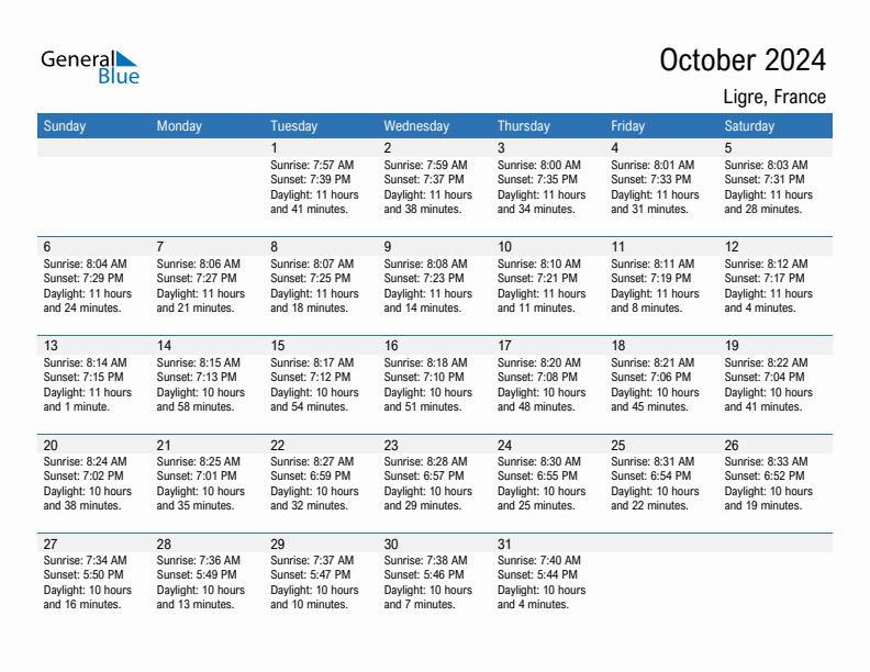 Ligre October 2024 sunrise and sunset calendar in PDF, Excel, and Word