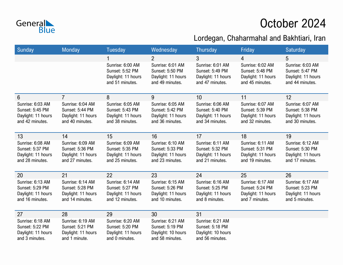 October 2024 sunrise and sunset calendar for Lordegan