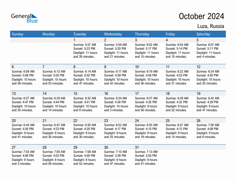 Luza October 2024 sunrise and sunset calendar in PDF, Excel, and Word