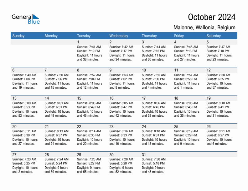 Malonne October 2024 sunrise and sunset calendar in PDF, Excel, and Word