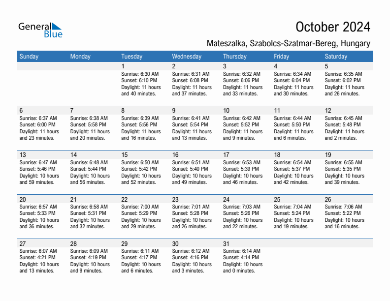 Mateszalka October 2024 sunrise and sunset calendar in PDF, Excel, and Word