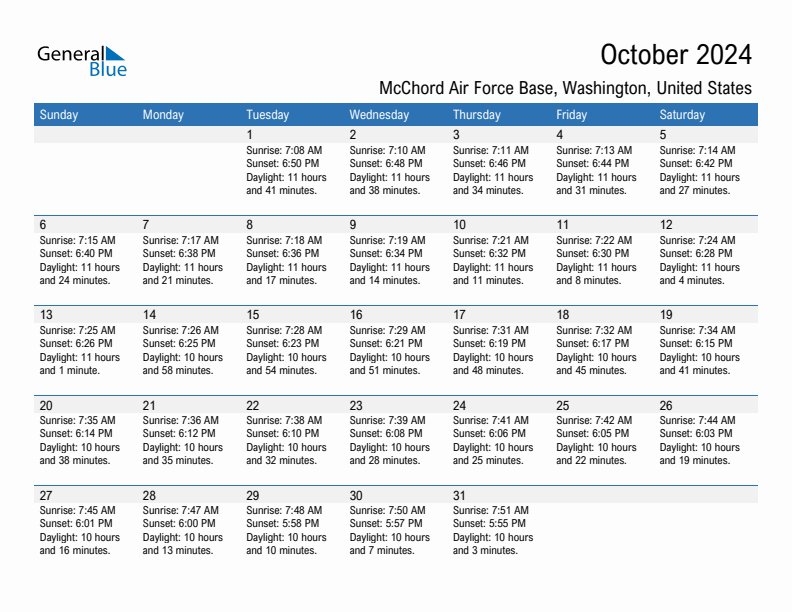 McChord Air Force Base October 2024 sunrise and sunset calendar in PDF, Excel, and Word