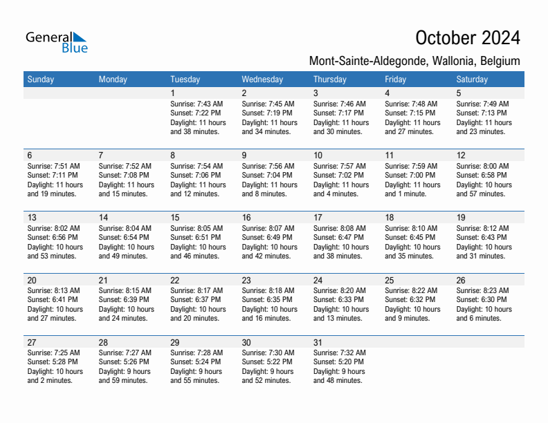 Mont-Sainte-Aldegonde October 2024 sunrise and sunset calendar in PDF, Excel, and Word