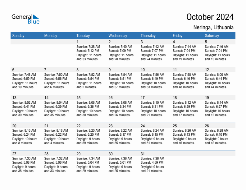 Neringa October 2024 sunrise and sunset calendar in PDF, Excel, and Word
