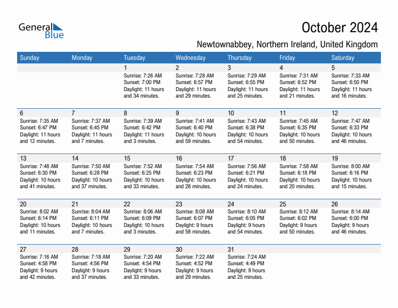 Newtownabbey October 2024 sunrise and sunset calendar in PDF, Excel, and Word