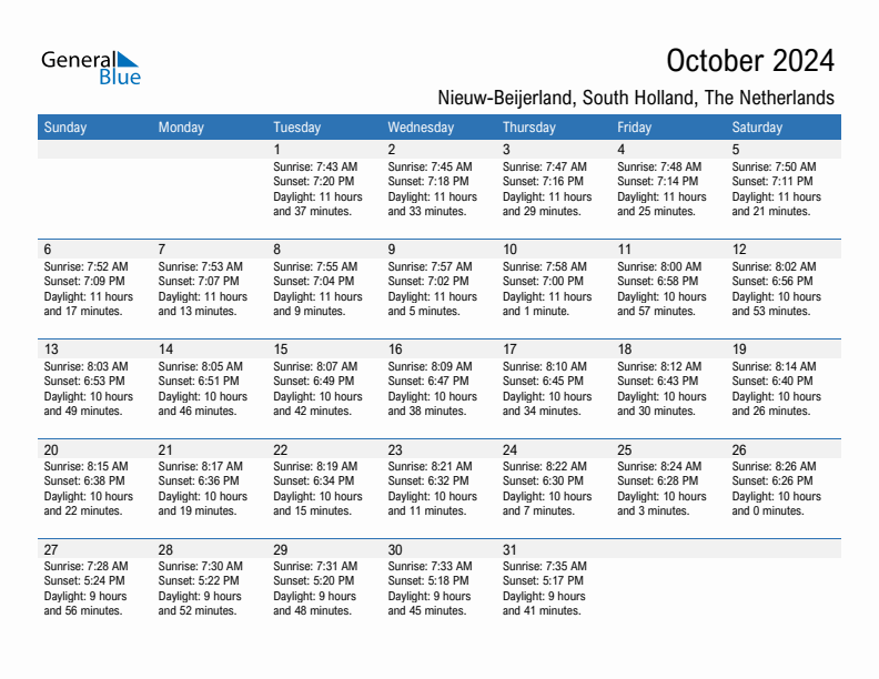 Nieuw-Beijerland October 2024 sunrise and sunset calendar in PDF, Excel, and Word