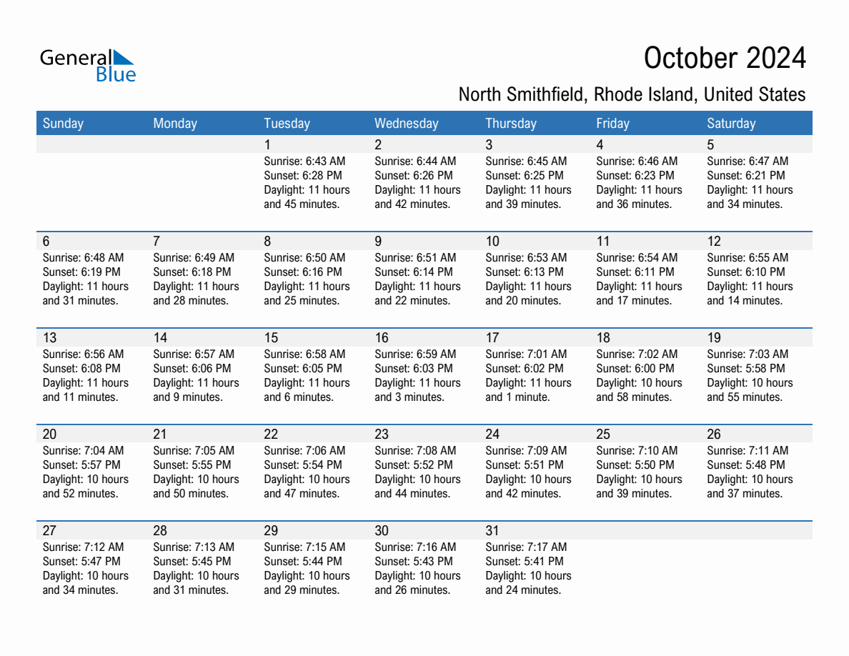 October 2024 sunrise and sunset calendar for North Smithfield