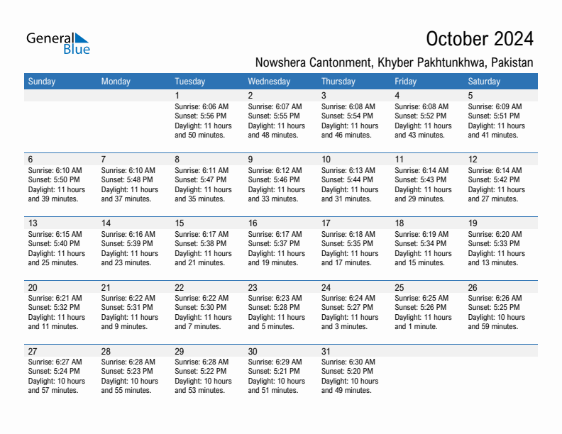 Nowshera Cantonment October 2024 sunrise and sunset calendar in PDF, Excel, and Word