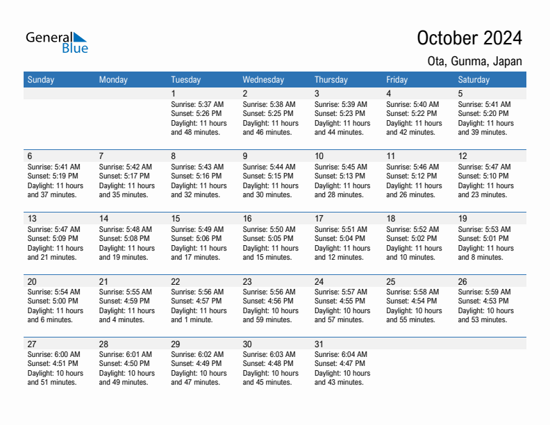 Ota October 2024 sunrise and sunset calendar in PDF, Excel, and Word
