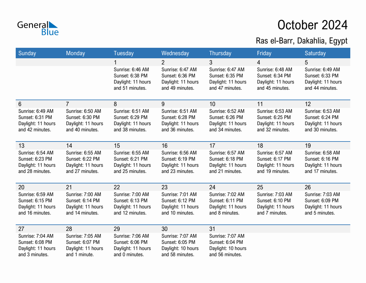 October 2024 sunrise and sunset calendar for Ras el-Barr