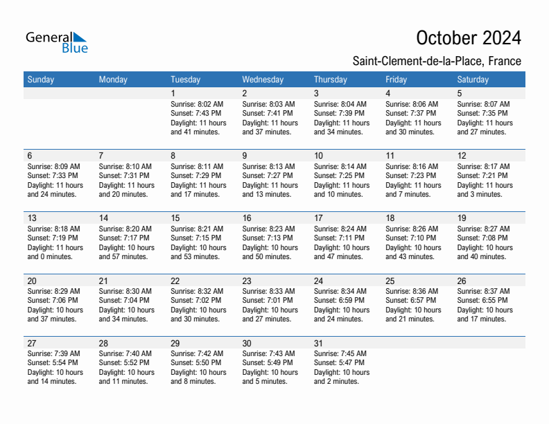 Saint-Clement-de-la-Place October 2024 sunrise and sunset calendar in PDF, Excel, and Word