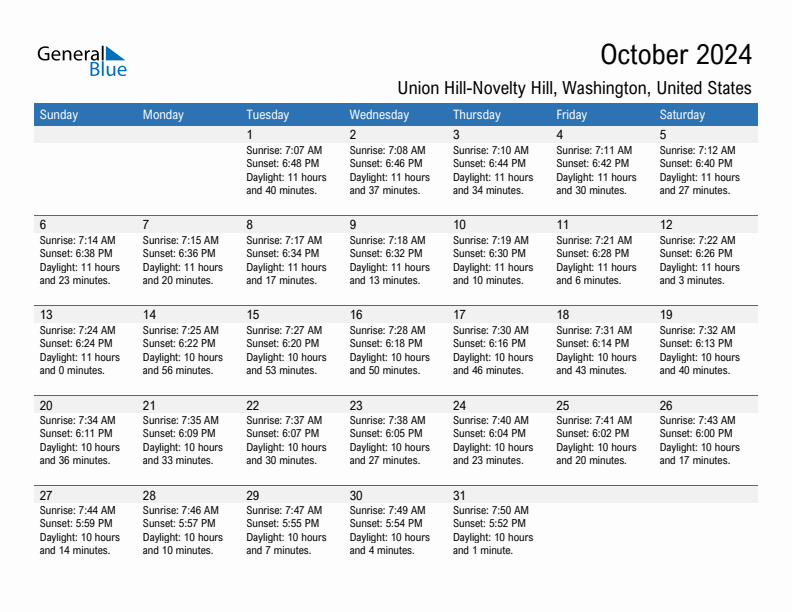 Union Hill-Novelty Hill October 2024 sunrise and sunset calendar in PDF, Excel, and Word