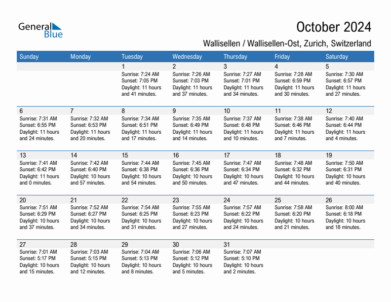 Wallisellen / Wallisellen-Ost October 2024 sunrise and sunset calendar in PDF, Excel, and Word