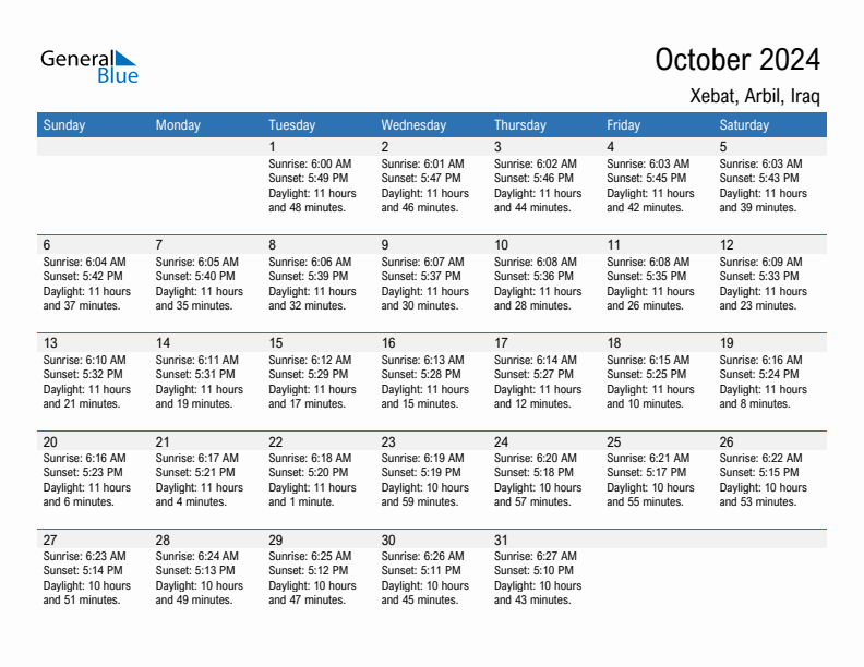 Xebat October 2024 sunrise and sunset calendar in PDF, Excel, and Word