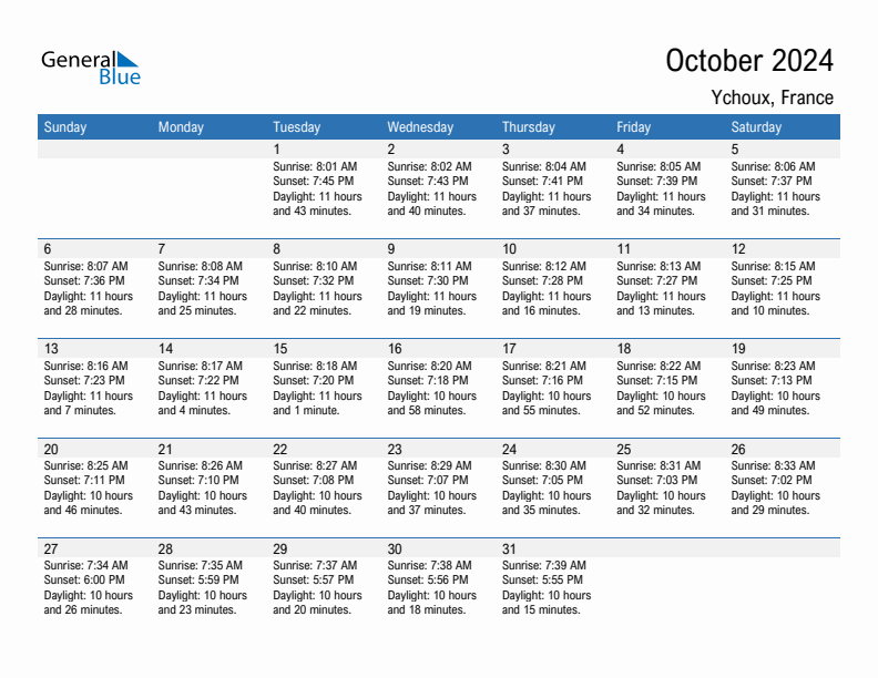 Ychoux October 2024 sunrise and sunset calendar in PDF, Excel, and Word