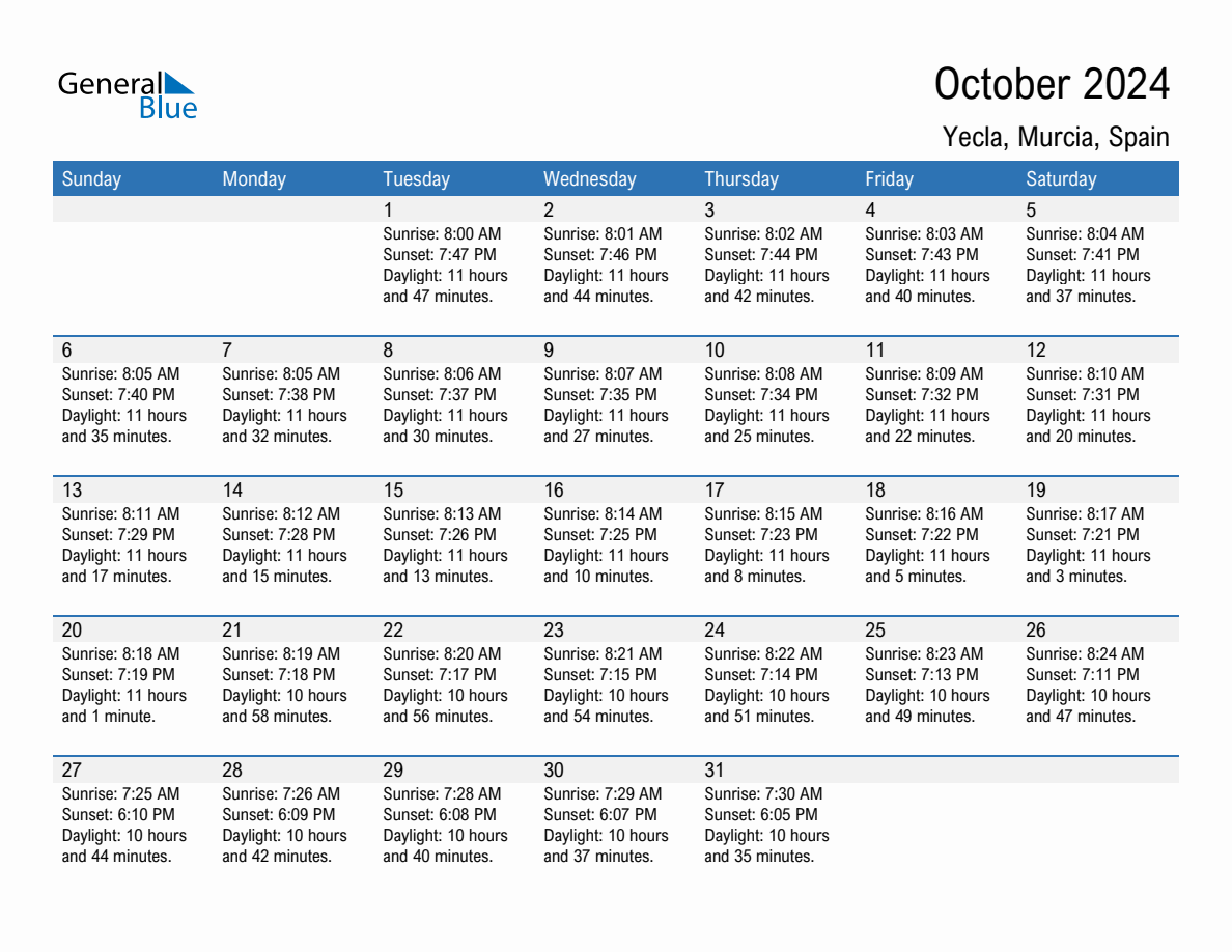 October 2024 sunrise and sunset calendar for Yecla