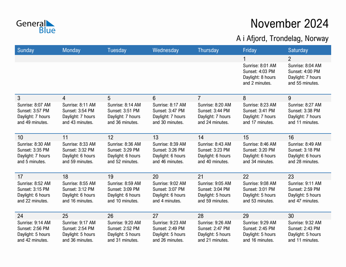 November 2024 sunrise and sunset calendar for A i Afjord