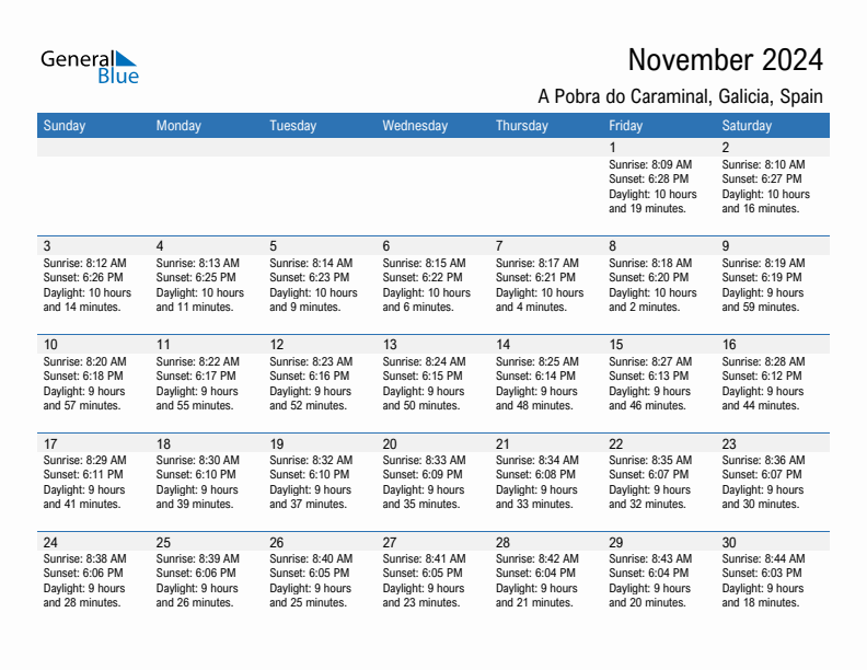 A Pobra do Caraminal November 2024 sunrise and sunset calendar in PDF, Excel, and Word