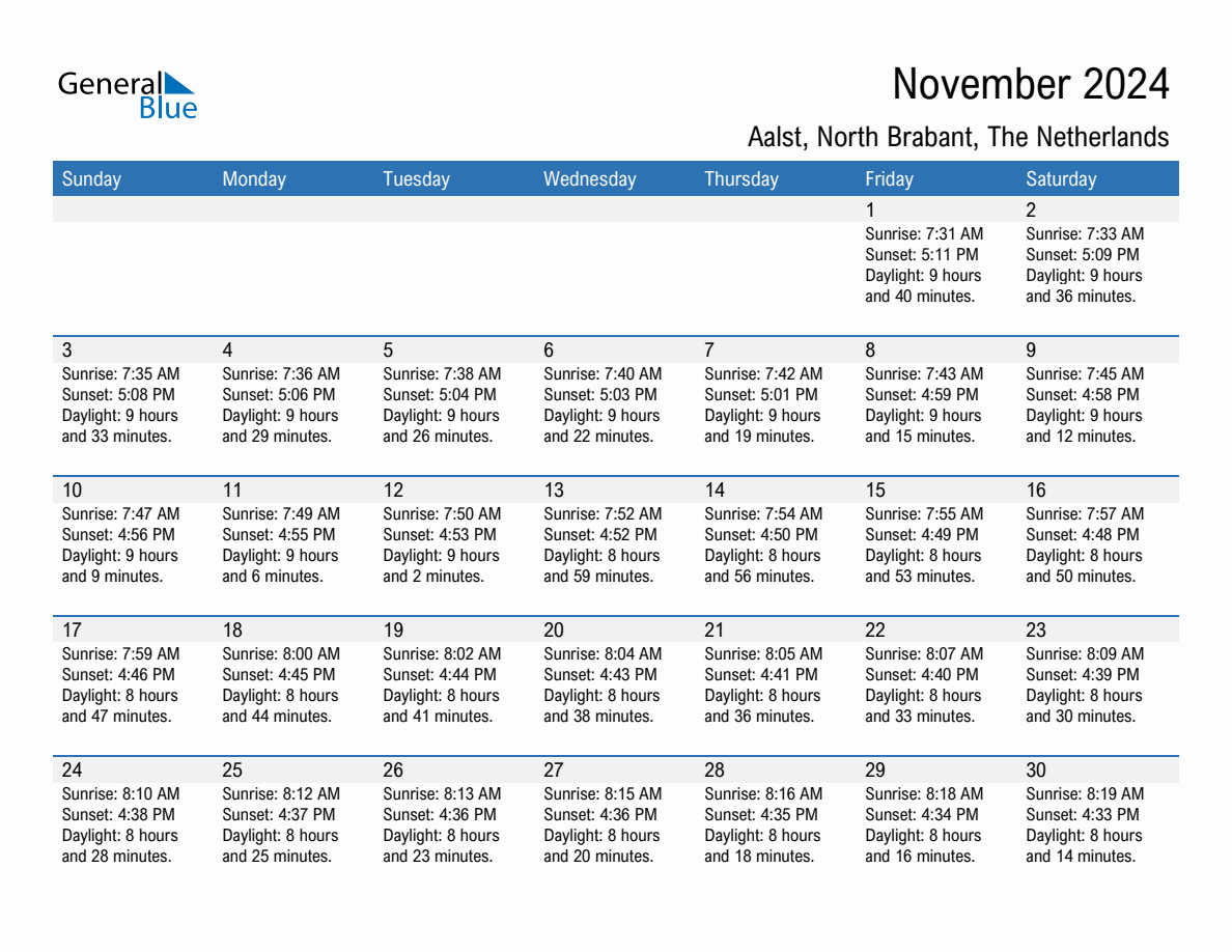 November 2024 sunrise and sunset calendar for Aalst