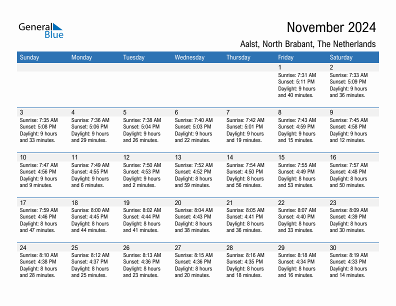 Aalst November 2024 sunrise and sunset calendar in PDF, Excel, and Word