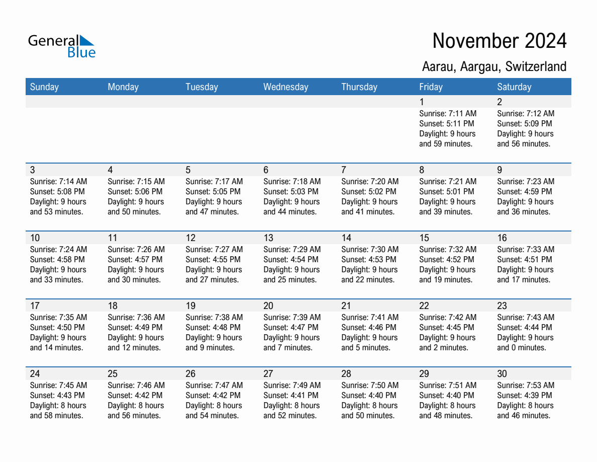 November 2024 sunrise and sunset calendar for Aarau