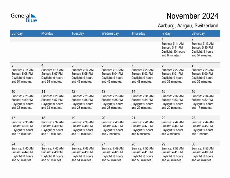 Aarburg November 2024 sunrise and sunset calendar in PDF, Excel, and Word