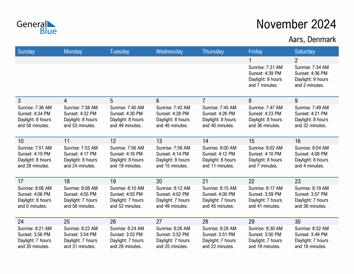 November 2024 sunrise and sunset calendar for Aars