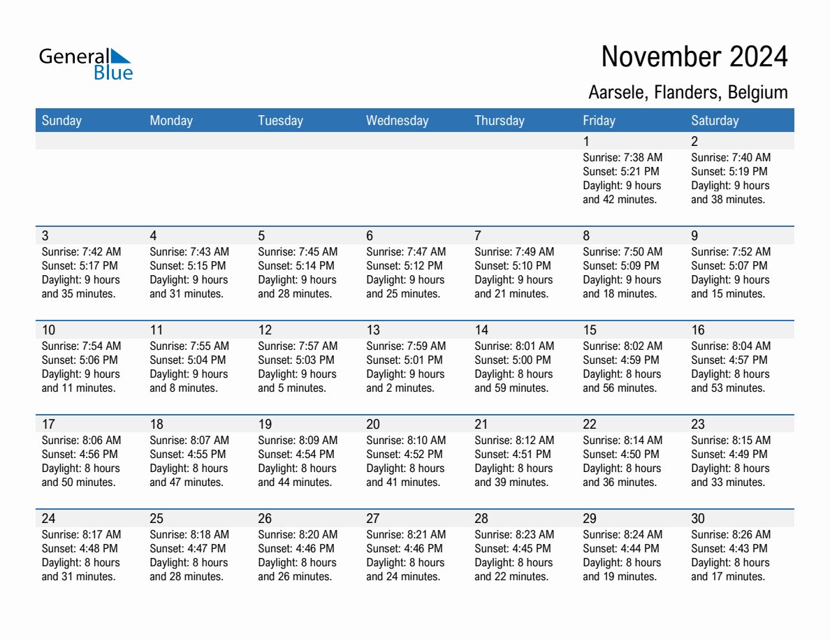 November 2024 sunrise and sunset calendar for Aarsele