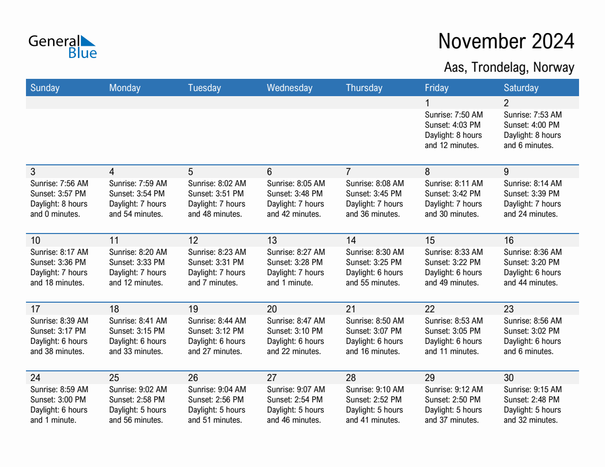 November 2024 sunrise and sunset calendar for Aas