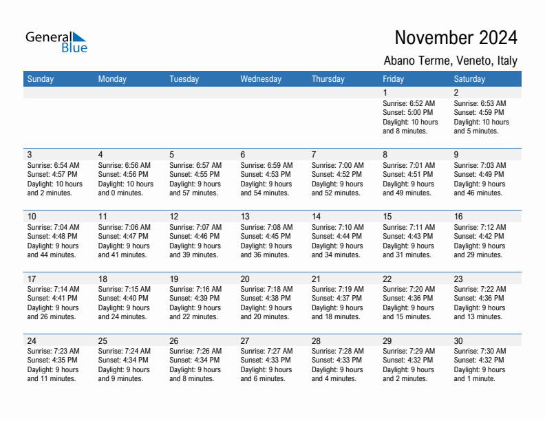 Abano Terme November 2024 sunrise and sunset calendar in PDF, Excel, and Word