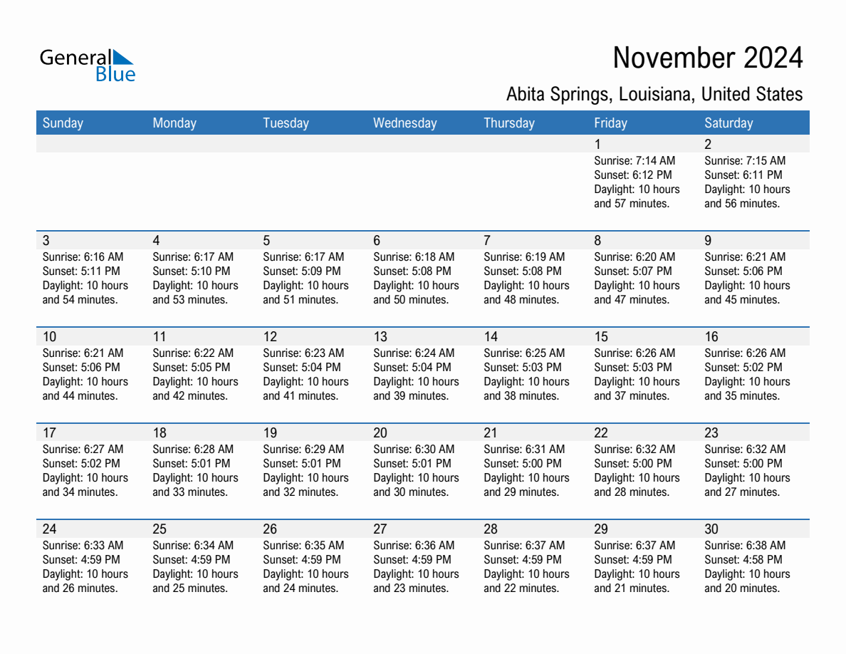 November 2024 sunrise and sunset calendar for Abita Springs