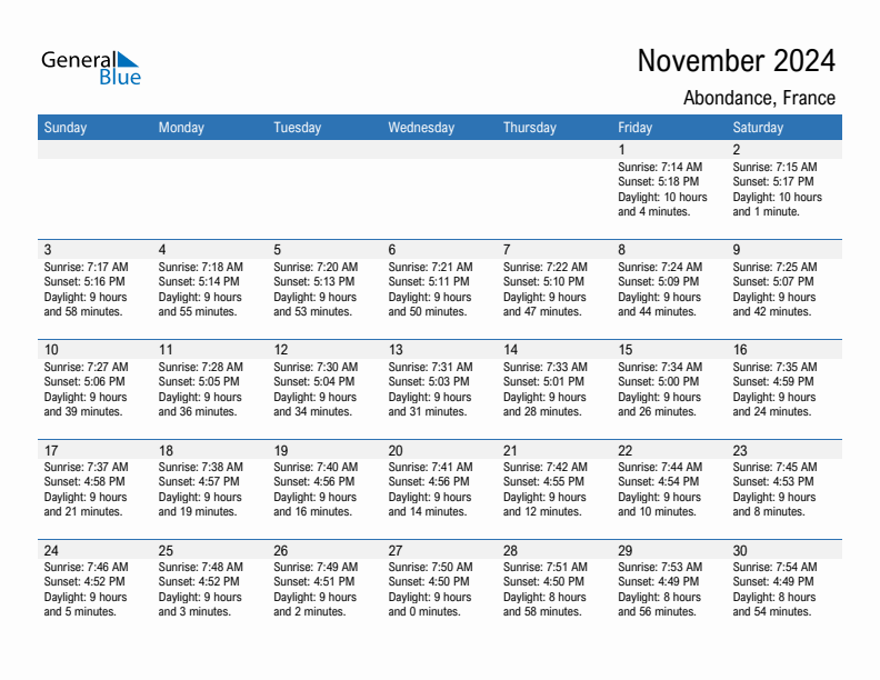 Abondance November 2024 sunrise and sunset calendar in PDF, Excel, and Word