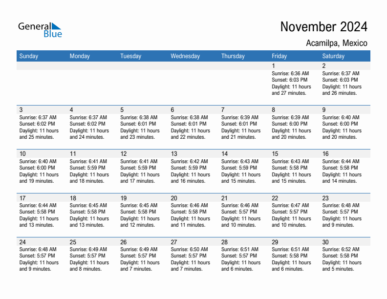 Acamilpa November 2024 sunrise and sunset calendar in PDF, Excel, and Word