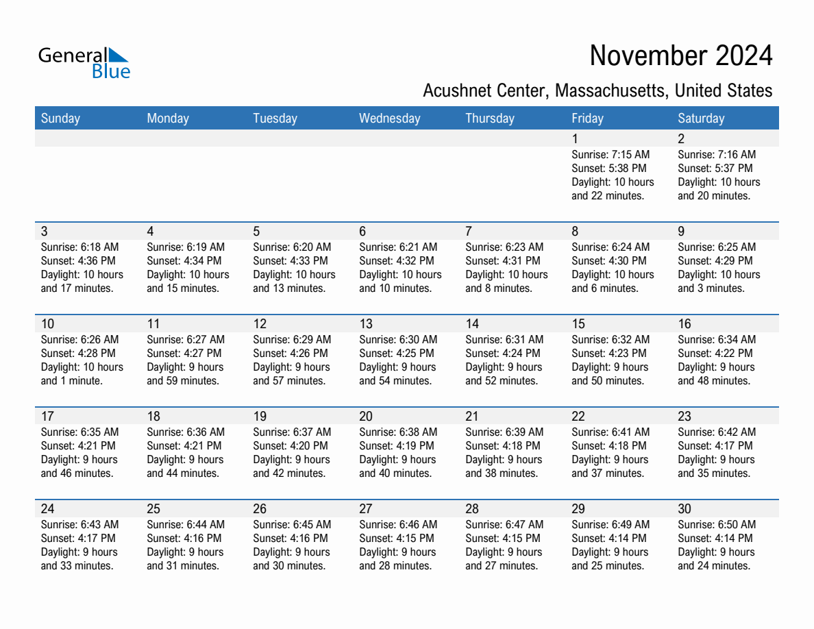 November 2024 sunrise and sunset calendar for Acushnet Center