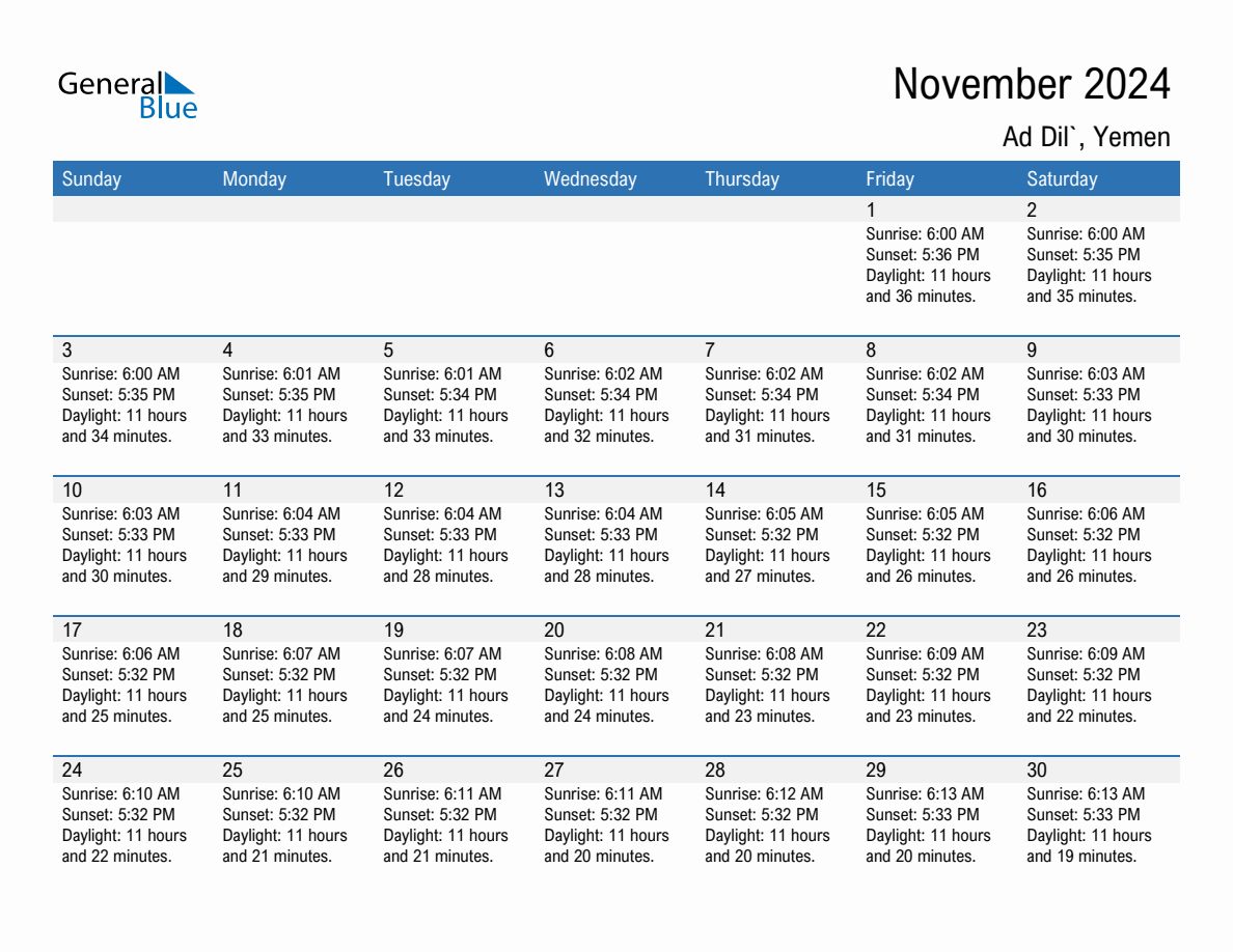 November 2024 sunrise and sunset calendar for Ad Dil`