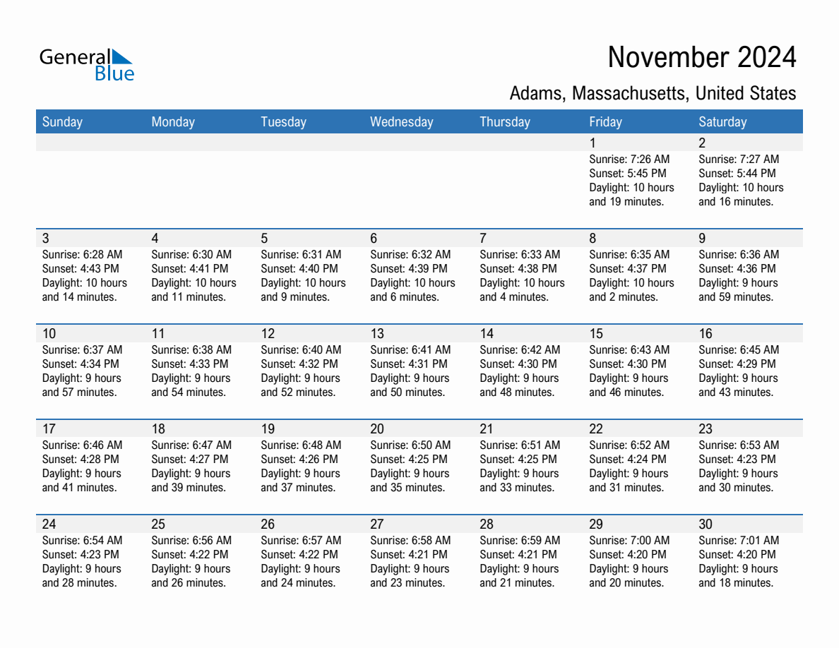 November 2024 sunrise and sunset calendar for Adams