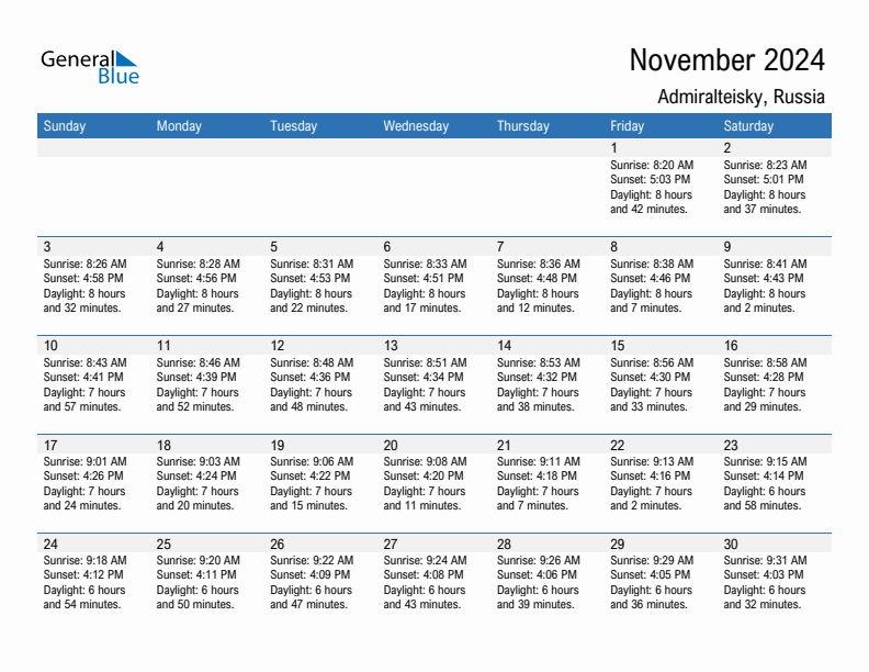 Admiralteisky November 2024 sunrise and sunset calendar in PDF, Excel, and Word