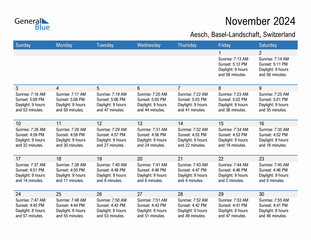 November 2024 sunrise and sunset calendar for Aesch