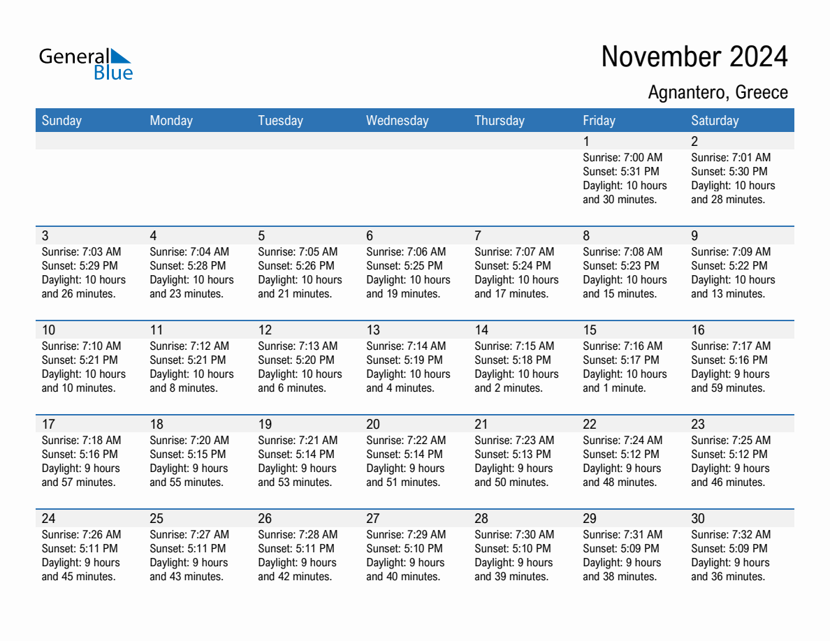 November 2024 sunrise and sunset calendar for Agnantero