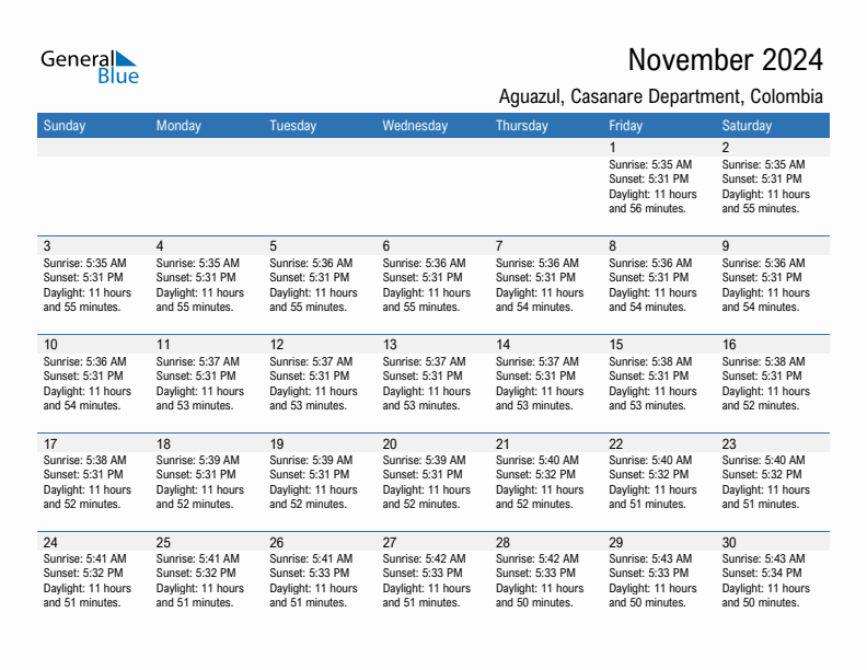 Aguazul November 2024 sunrise and sunset calendar in PDF, Excel, and Word