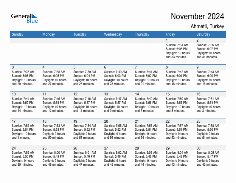 Ahmetli November 2024 sunrise and sunset calendar in PDF, Excel, and Word